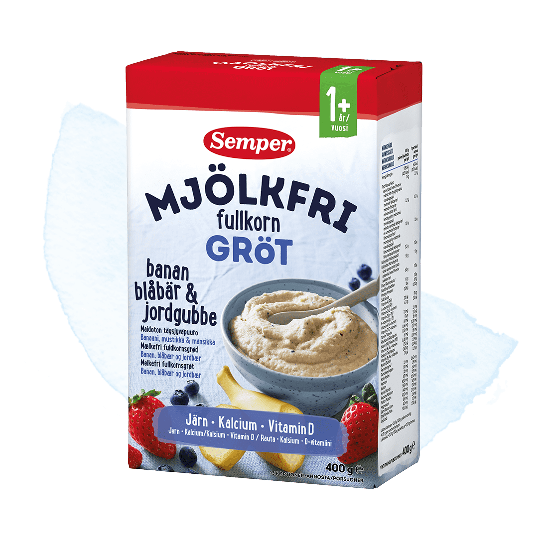 Mælkefri fuldkornsgrød med banan, blåbær & jordbær