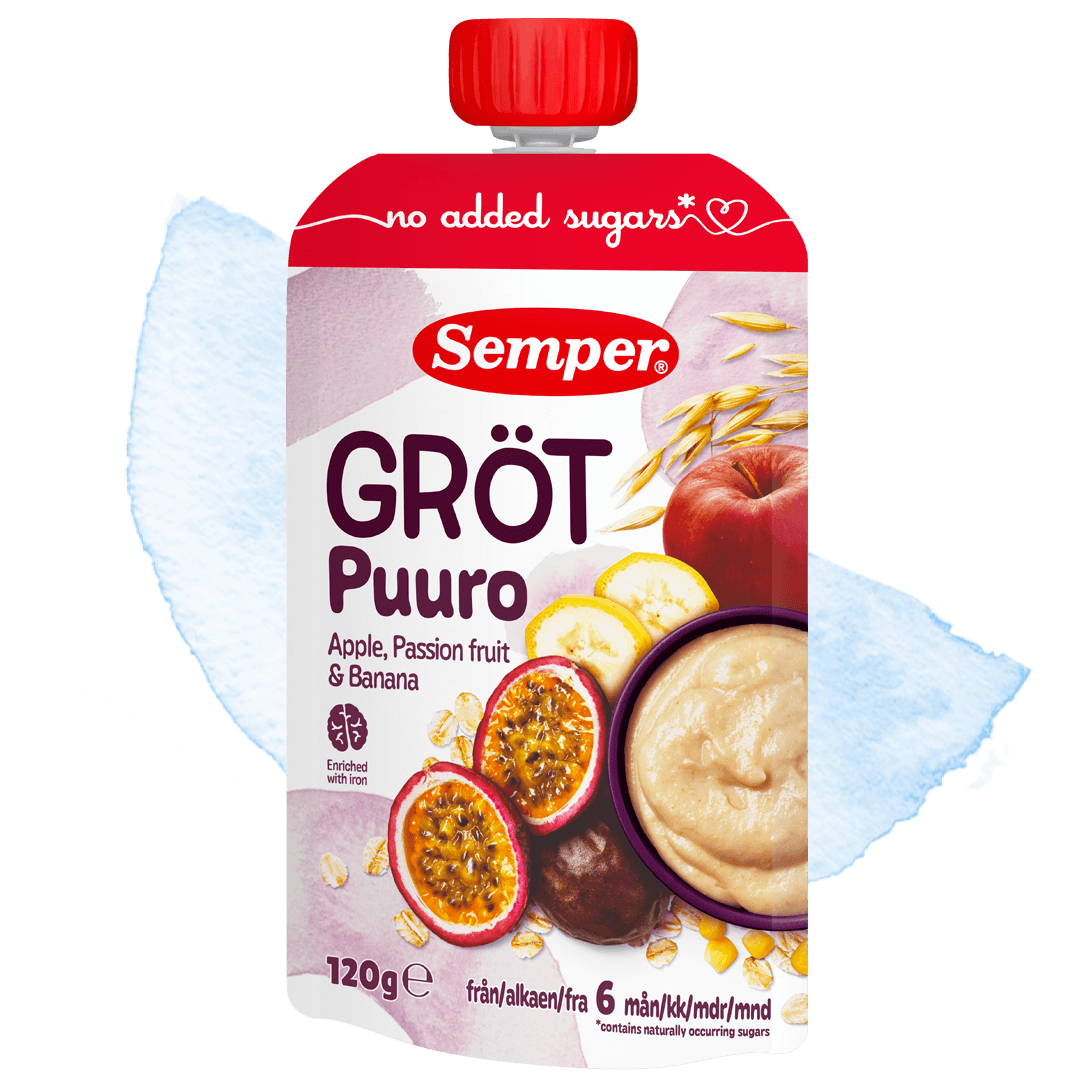 Grødklemmepose med passionsfrugt, æble & banan