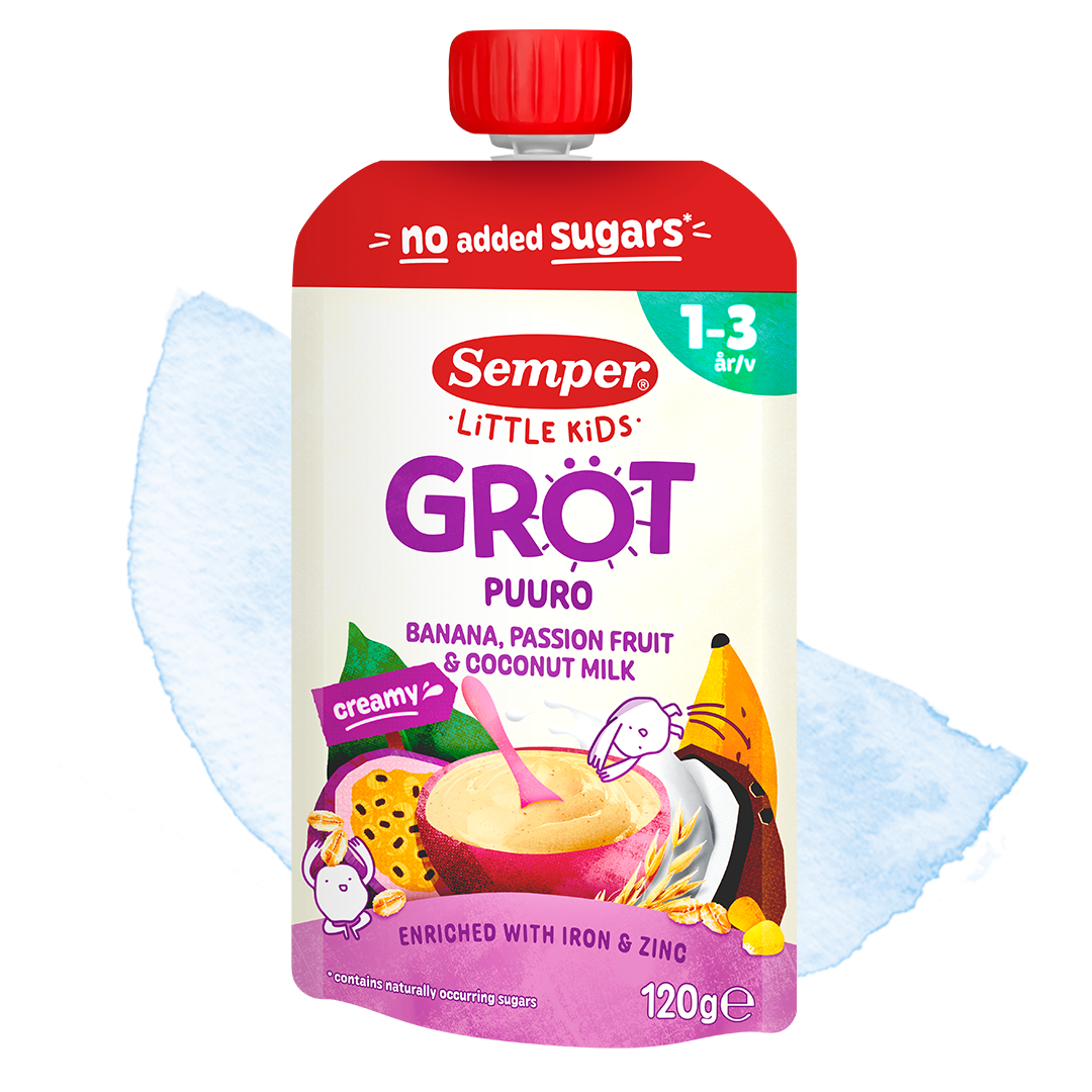 Grødklemmepose Little Kids med Banan, passionsfrugt & kokosmælk från Semper Barnmat